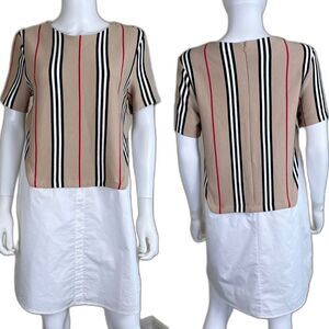 English Factory Women's Size M Tan Strip Shirt Shift Knit Poplin Mini NEW Dress
